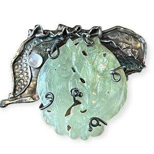 Cathleen McLain Jade & Sterling Silver w/ Moonstone Brutalist Modernist Brooch